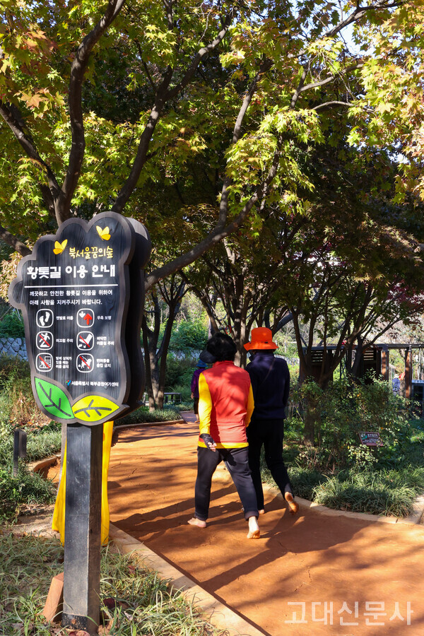 강북구 번동의 ‘북서울꿈의숲’ 맨발 황톳길에서 사람들이 맨발걷기 운동을 즐기고 있다. 