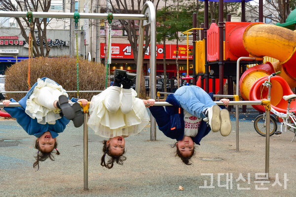 세종 조치원읍의 한 놀이터에서 아이들이 거꾸로 매달려 해맑게 웃고 있다.